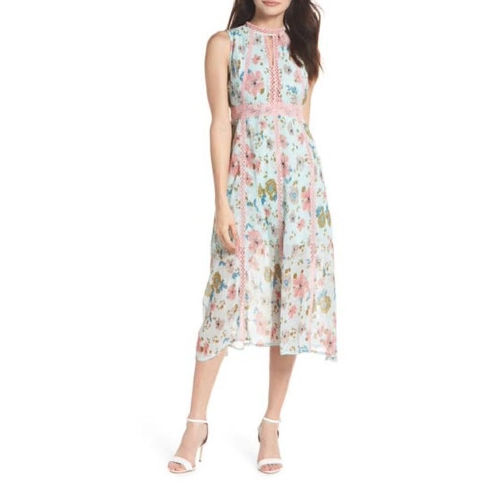 Foxiedox Aqua Kinsey Print Gauze Midi Dress, Size Medium - Blue NWT MSRP $180
